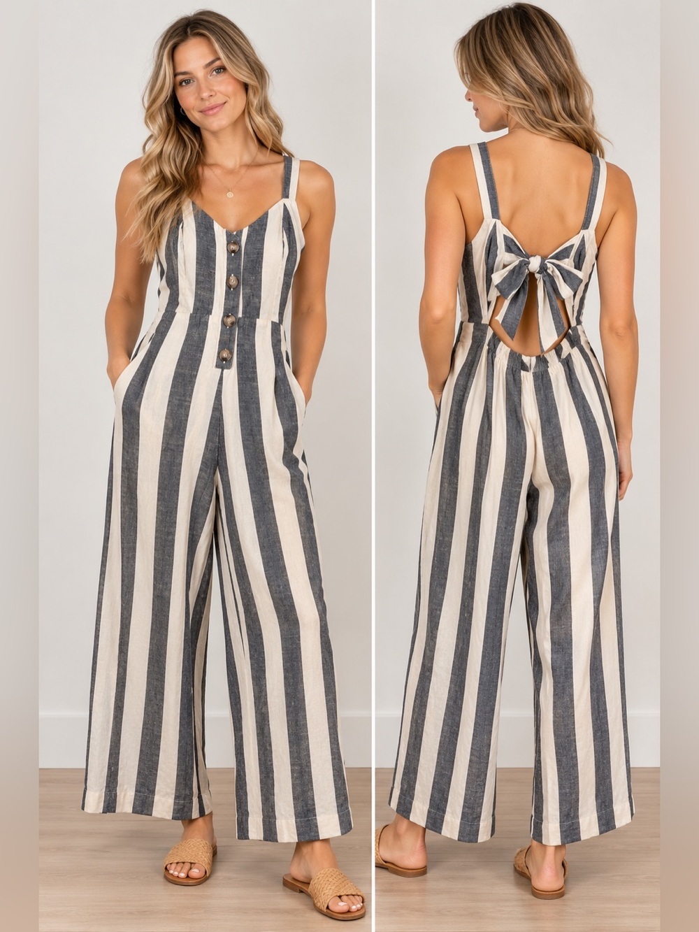 Japna Striped Cotton Wide-Leg Jumpsuit Small Gray Ivory Open Back